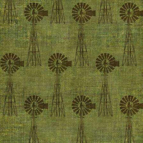  3 Wishes Fabric - On the Farm Windmills - Green 