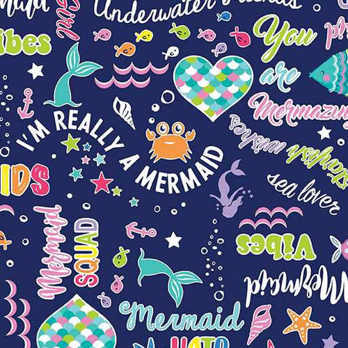  Benartex Fabric - Mystical Mermaid Words Navy 