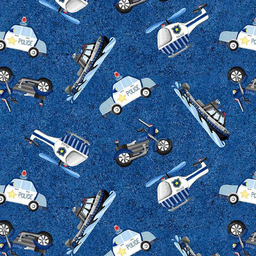  Blank Quilting Fabric - Everyday Heroes - Police Vehicles Blue 