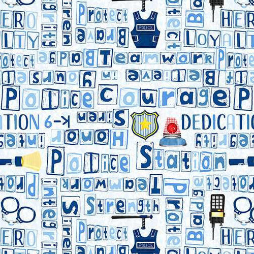  Blank Quilting Fabric - Everyday Heroes - Police Words Blue 