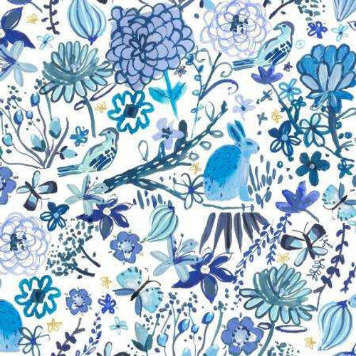 Dear Stella Fabric - Blue Crush - Bunny Garden - White 