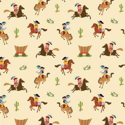  Freckle + Lollie Fabric - Howdy Pard'Ner - Horse/Wagons Tan 