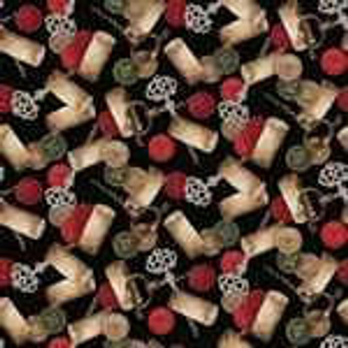  Henry Glass Fabric - After Five Tossed Corks & Corkscrews 