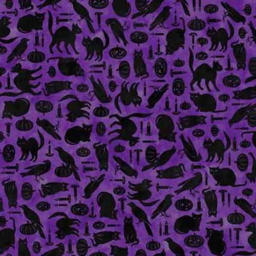  Maywood Studio Fabric - Spooky Hallow - Cats & Crows Purple 