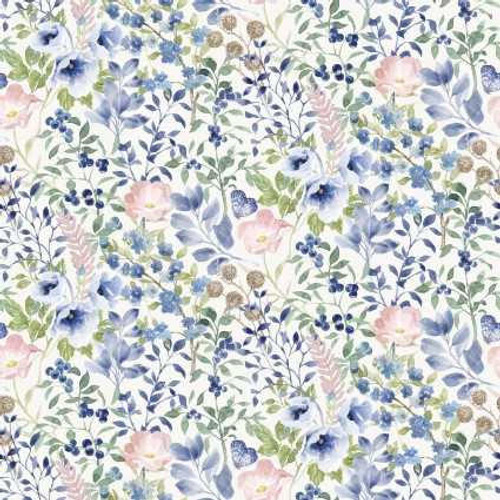  P&B Textiles Fabric - Indigo Petals - Floral Branches on White 