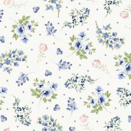  P&B Textiles Fabric - Indigo Petals - Floral Toss Cream 