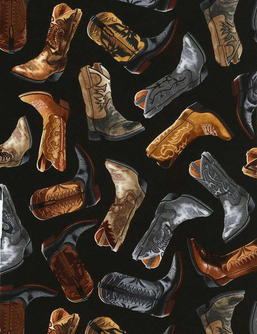  Timeless Treasures Fabric - Cowboy Boots - Black 