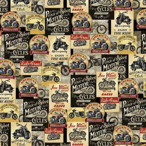  Timeless Treasures Fabric - Packed Motorcycle Signs - Multi 